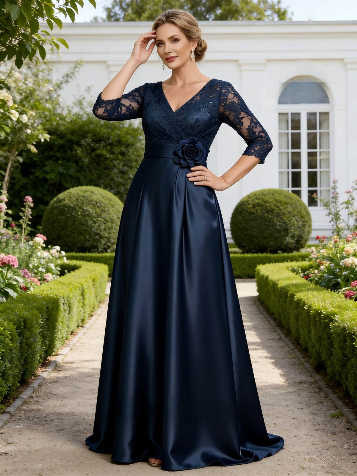V Neck Satin Lace Appliques A Line Mother of the Bride Dresses