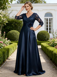 V Neck Satin Lace Appliques A Line Mother of the Bride Dresses