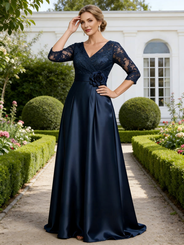 V Neck Satin Lace Appliques A Line Mother of the Bride Dresses