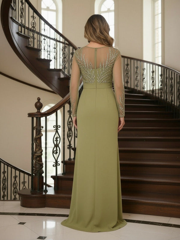 Chiffon Round Neck Sparkly Mermaid Mother of the Bride Dresses with Slit