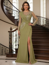 Chiffon Round Neck Sparkly Mermaid Mother of the Bride Dresses with Slit