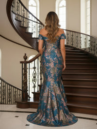Satin Off the Shoulder Floral Print Pleated Mermaid Mother of the Bride Dresses with Slit