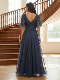 Tulle V Neck A Line Lace Applique Sparkly Mother of the Bride Dresses