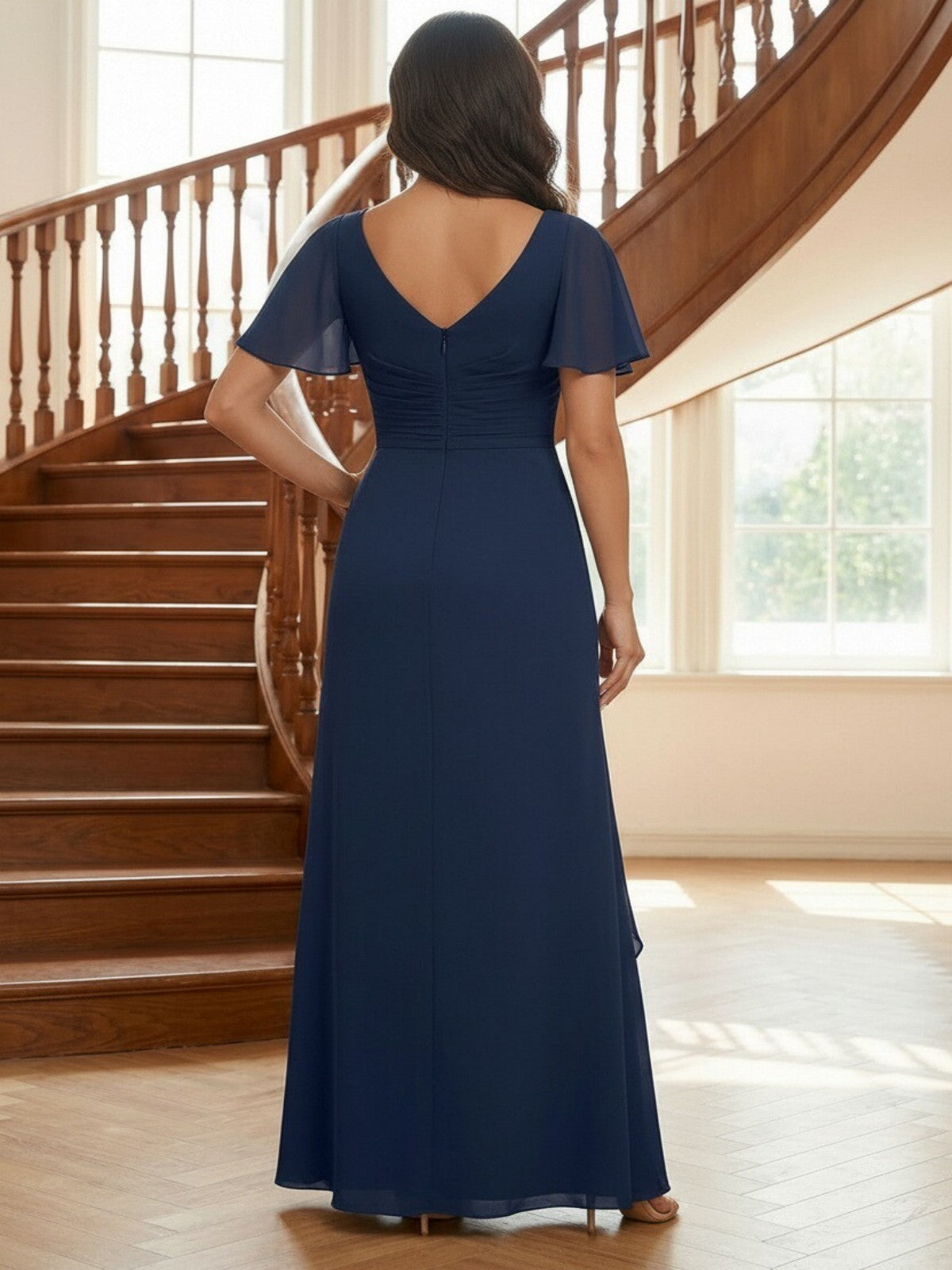 Chiffon V Neck A Line Lace Applique Mother of the Bride Dresses with Slit