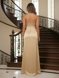 Satin Halter Sparkly Pleated Mermaid Mother of the Bride Dresses with Slit