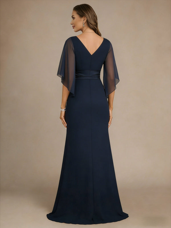 Chiffon V Neck Ruched Bow Mother of the Bride Dresses