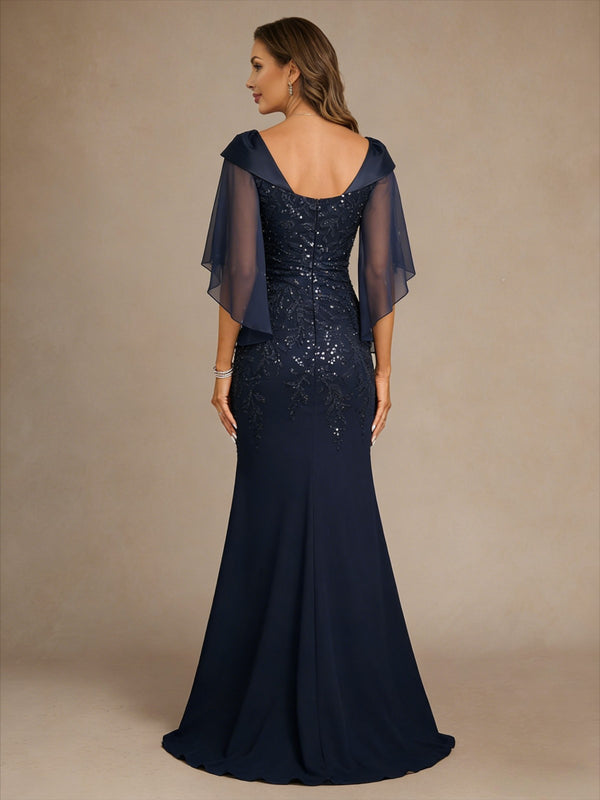 Chiffon V Neck Sequin Mermaid Lace Appliques Mother of the Bride Dresses