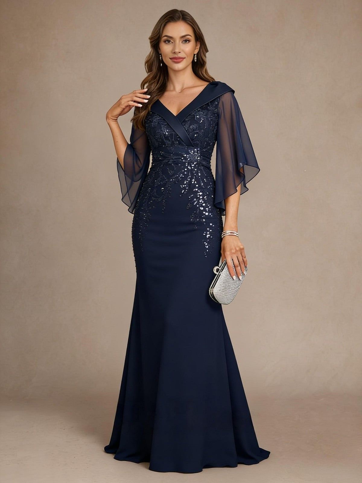 Chiffon V Neck Sequin Mermaid Lace Appliques Mother of the Bride Dresses