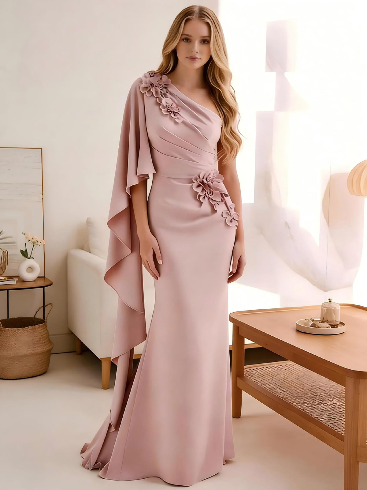 One Shoulder Satin Mother of the Bride Dresses with Sleeves