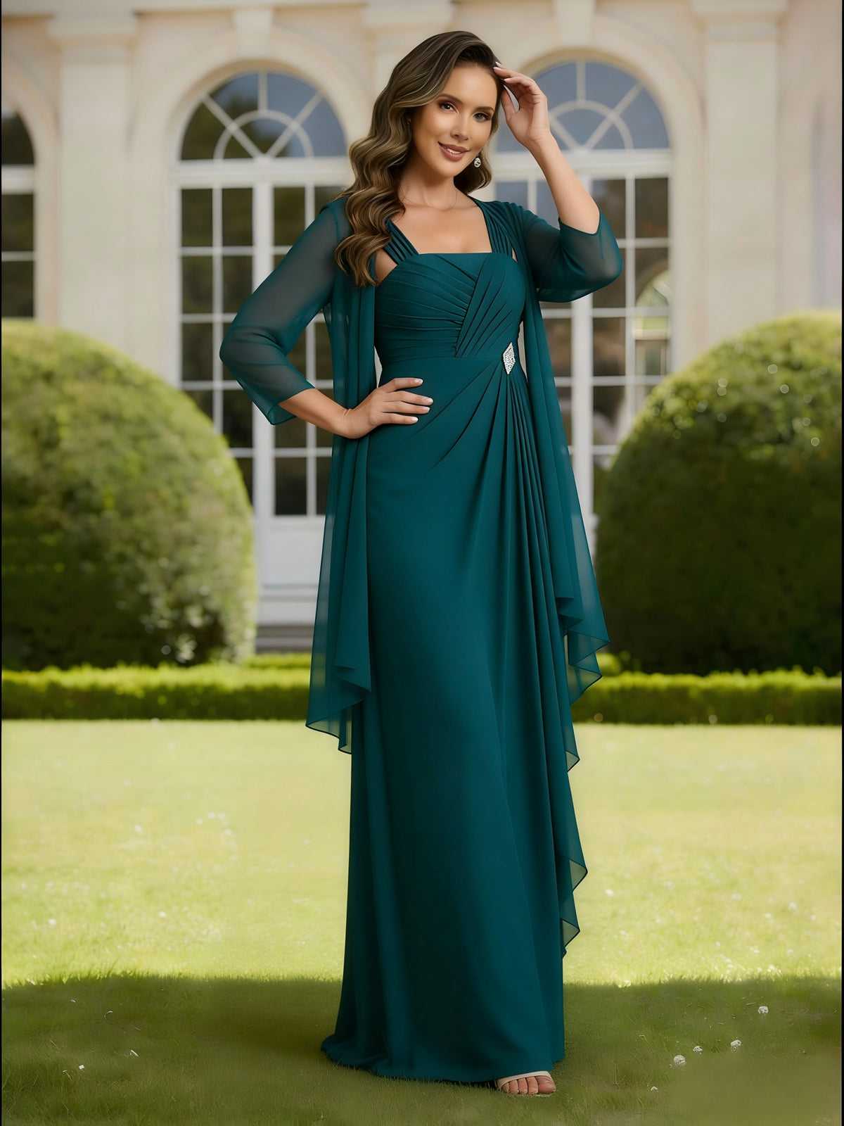 Chiffon Square Neck 2 Pieces Mother of the Bride Dresses with Jackets