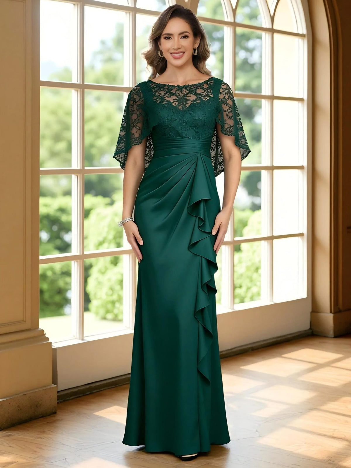 Round Neck Lace Appliques Chiffon Mermaid Short Sleeves Ruffles Mother of the Bride Dresses