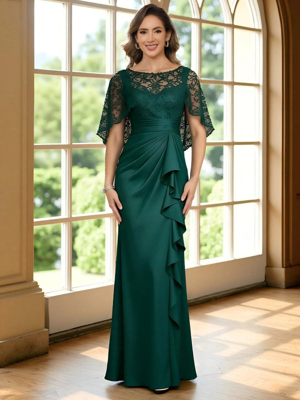 Round Neck Lace Appliques Chiffon Mermaid Short Sleeves Ruffles Mother of the Bride Dresses