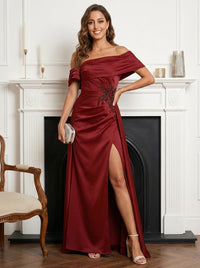 One Shoulder Satin A Line Ruffles Pleated Mother of the Bride Dresses with Slit
