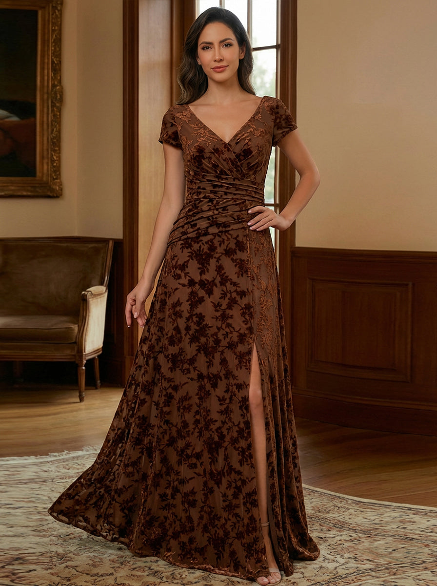 V Neck Velvet A Line Short Sleeves Mother of the Bride Dresses with Slit