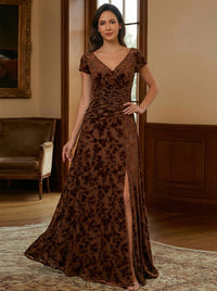 V Neck Velvet A Line Short Sleeves Mother of the Bride Dresses with Slit