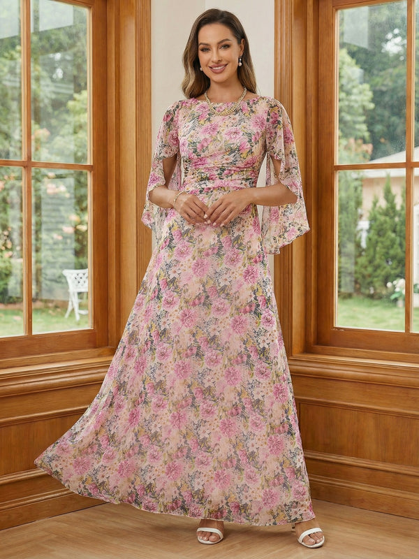 Pink Floral Mother of the Bride Dresses 2026 for Women A-Line Round Neck Cape Sleeves Floor-Length Wedding Guest Gown