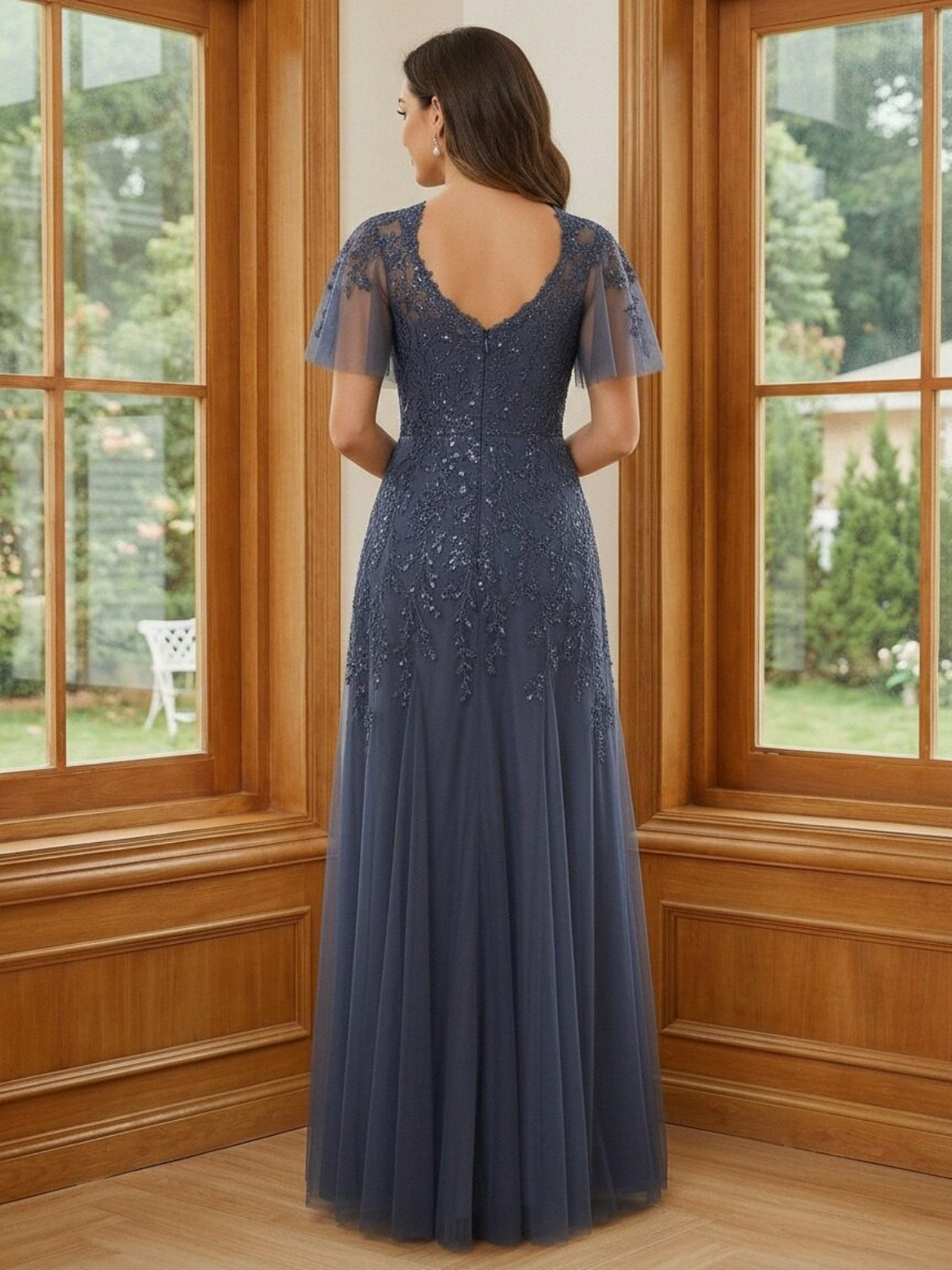 V Neck Tulle Mother of the Bride Dresses with Sleeves