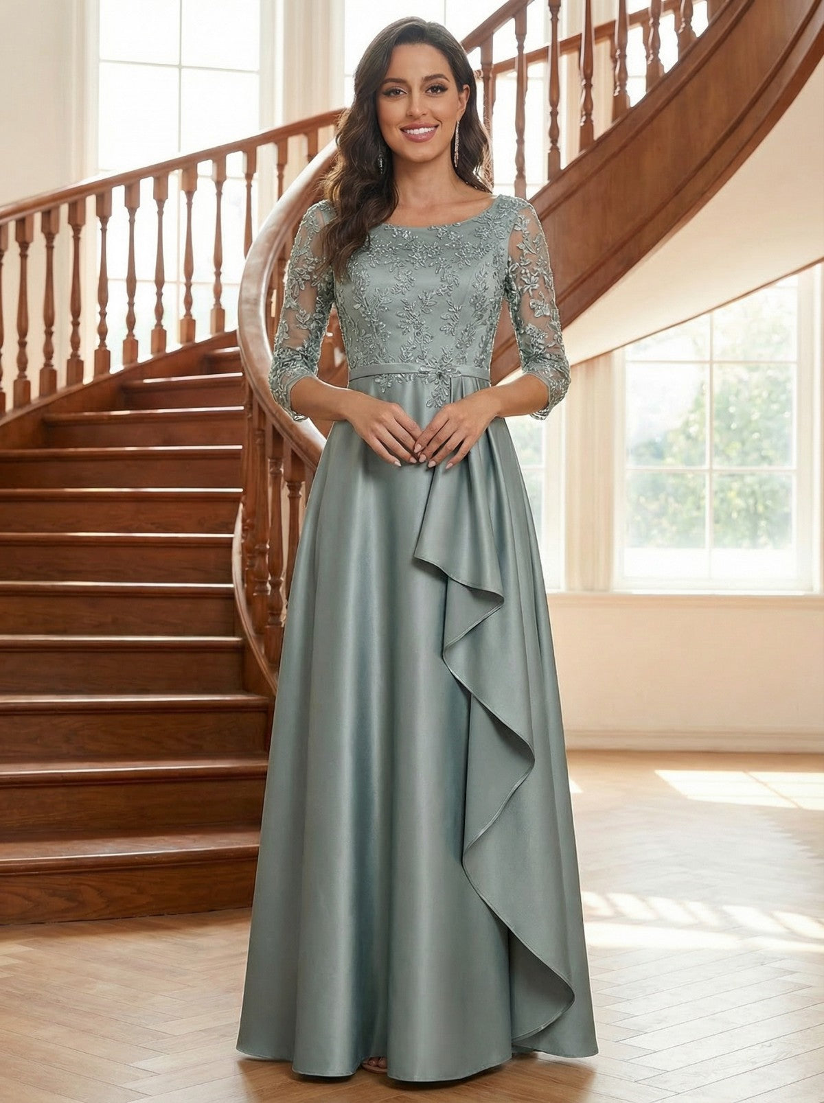 Satin Ruffles Round Neck Lace Appliques A Line Mother of the Bride Dresses