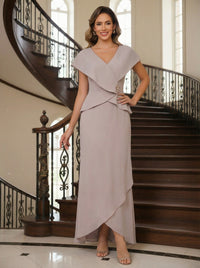 V Neck Chiffon Short Sleeves Mother of the Bride Dresses