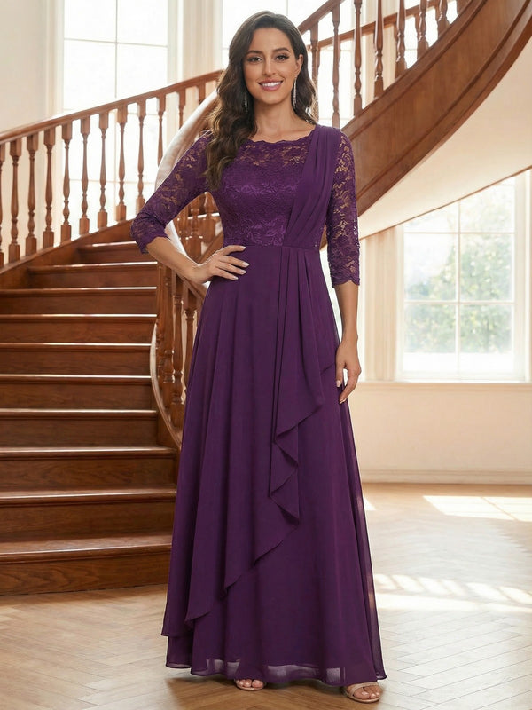 Chiffon Scoop Neck Lace Appliques Ruffles Mother of the Bride Dresses
