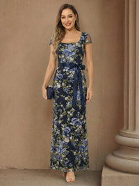 Square Neck Chiffon Floral Print Mother of the Bride Dresses
