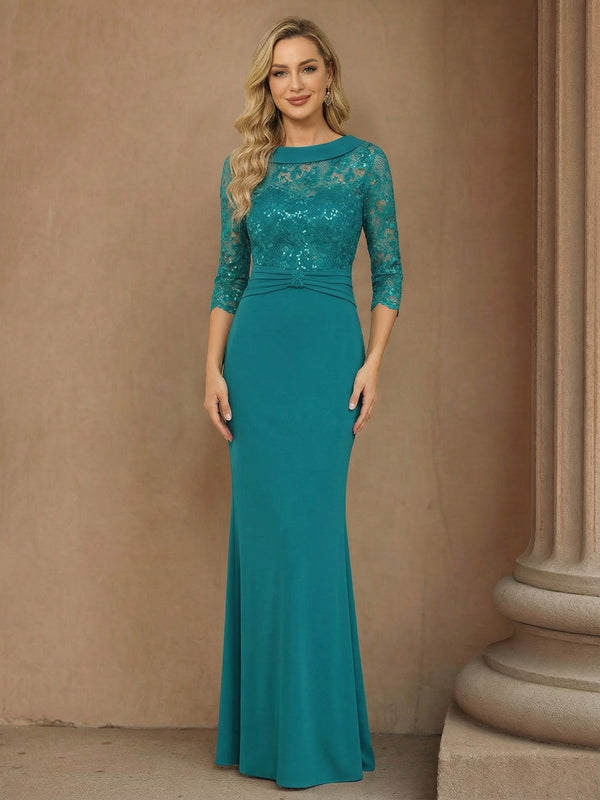 Satin Lace Appliques Ruched Scoop Neck Mother of the Bride Dresses