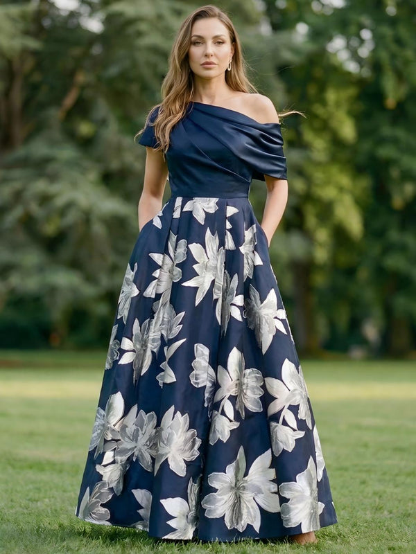 Satin One Shoulder Floral Print Mother of the Bride Dresses