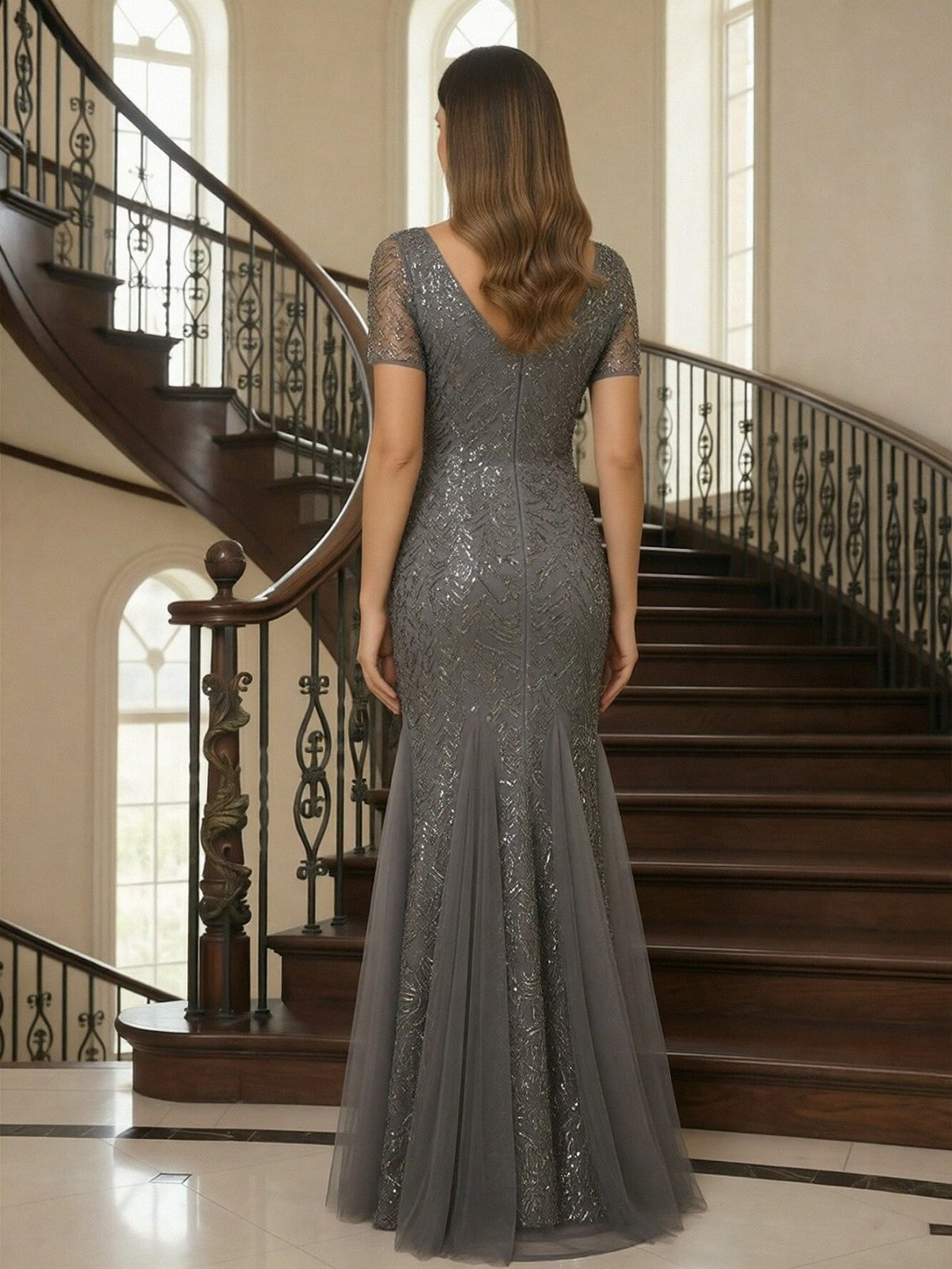 Round Neck Glitter Tulle Mother of the Bride Dresses