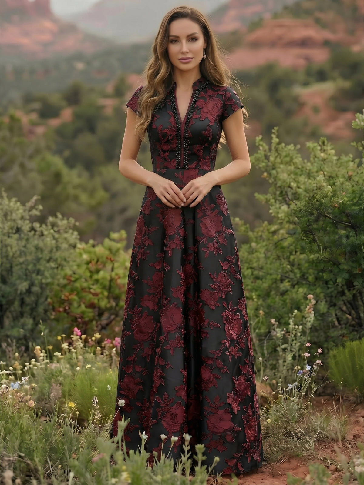 Satin V Neck Floral Print A Line Mother of the Bride Dresses