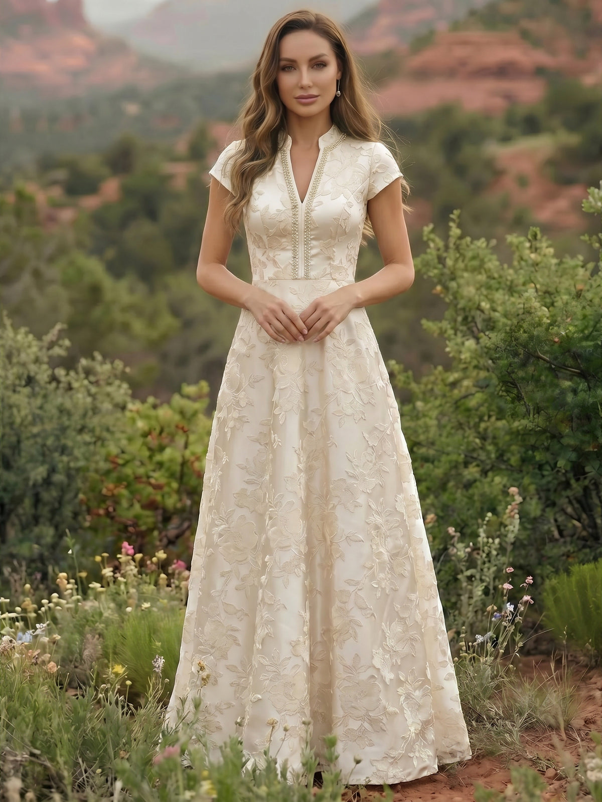 Satin V Neck Floral Print A Line Mother of the Bride Dresses