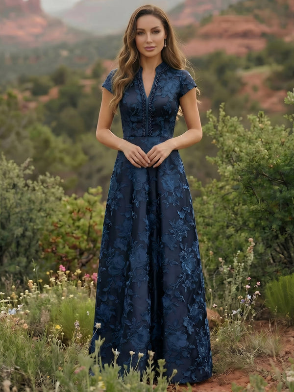 Satin V Neck Floral Print A Line Mother of the Bride Dresses
