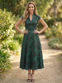 V Neck Satin Floral Print A Line Mother of the Bride Dresses