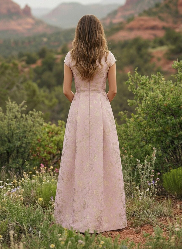 Round Neck Satin Floral Print Short Sleeves Mother of the Bride Dresses