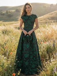 Round Neck Satin Floral Print Short Sleeves Mother of the Bride Dresses