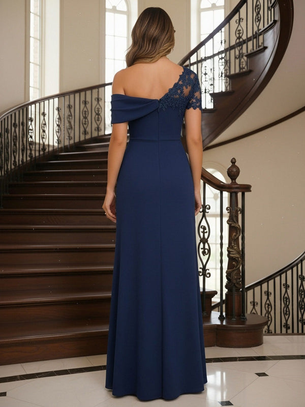 One Shoulder Chiffon Pleated Lace Appliques Mother of the Bride Dresses