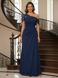 One Shoulder Chiffon Pleated Lace Appliques Mother of the Bride Dresses