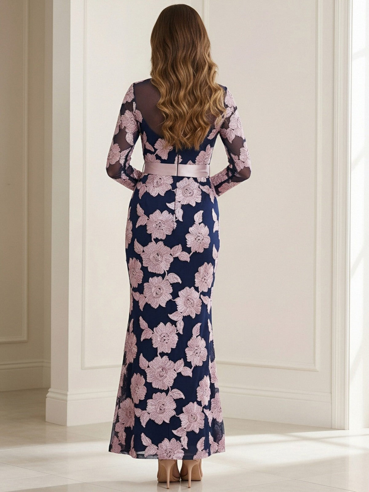 Flower Print Bow Round Neck Mermaid Mother of the Bride Dresses
