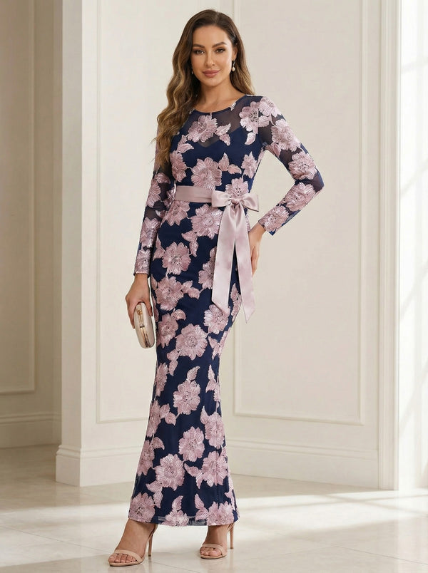 Flower Print Bow Round Neck Mermaid Mother of the Bride Dresses