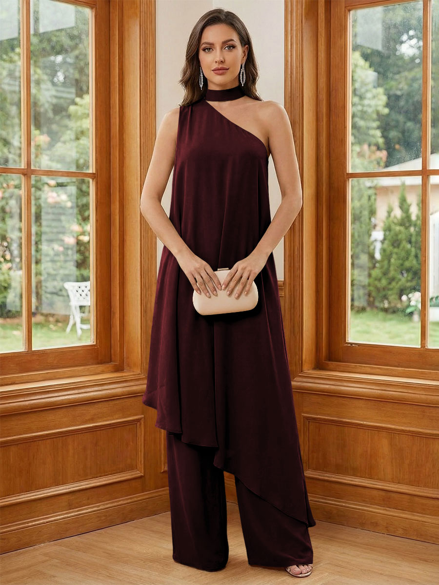 Chiffon One Shoulder Pleated Suitcase Mother of the Bride Dresses with Scarf