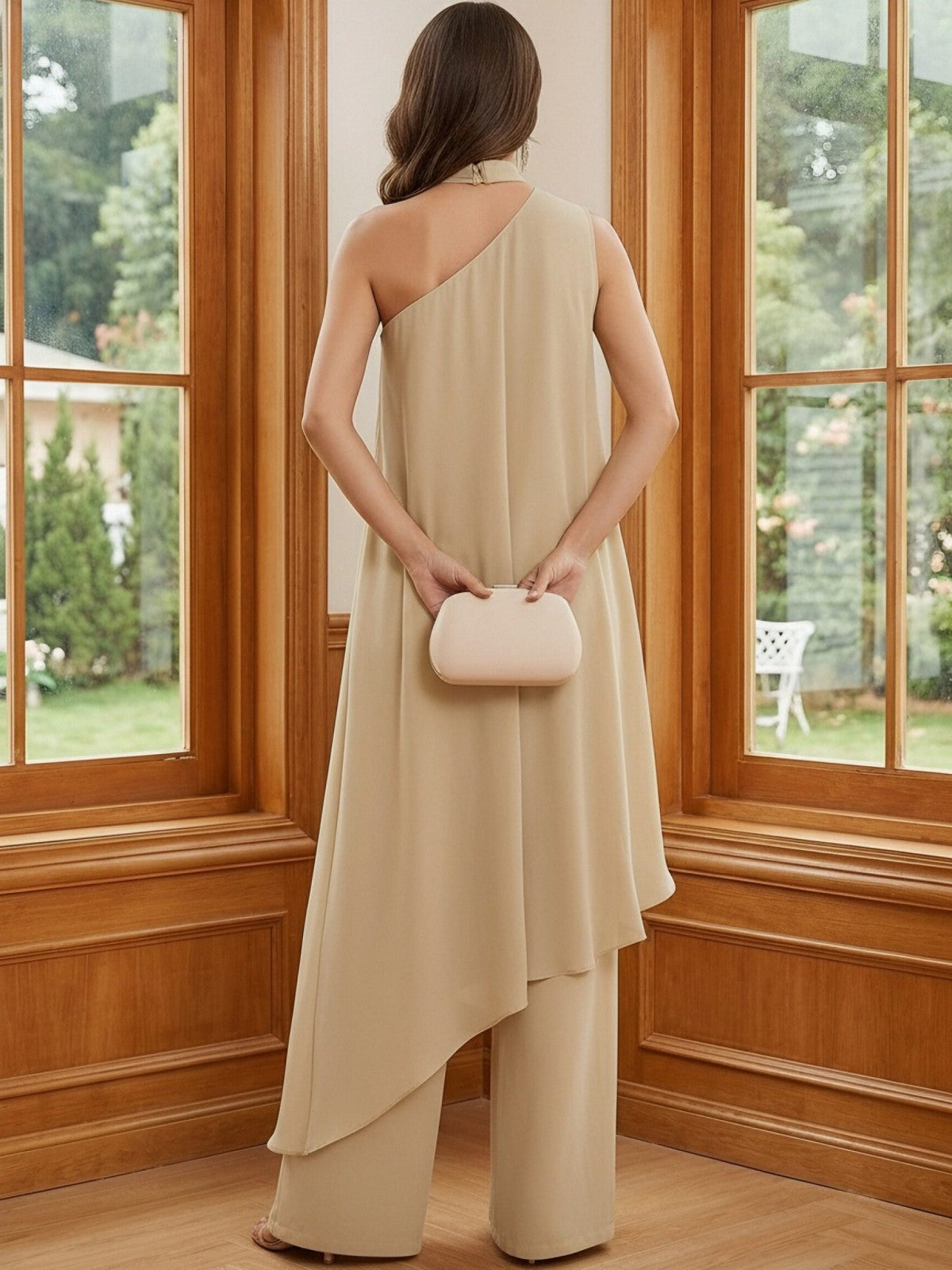 Chiffon One Shoulder Pleated Suitcase Mother of the Bride Dresses with Scarf