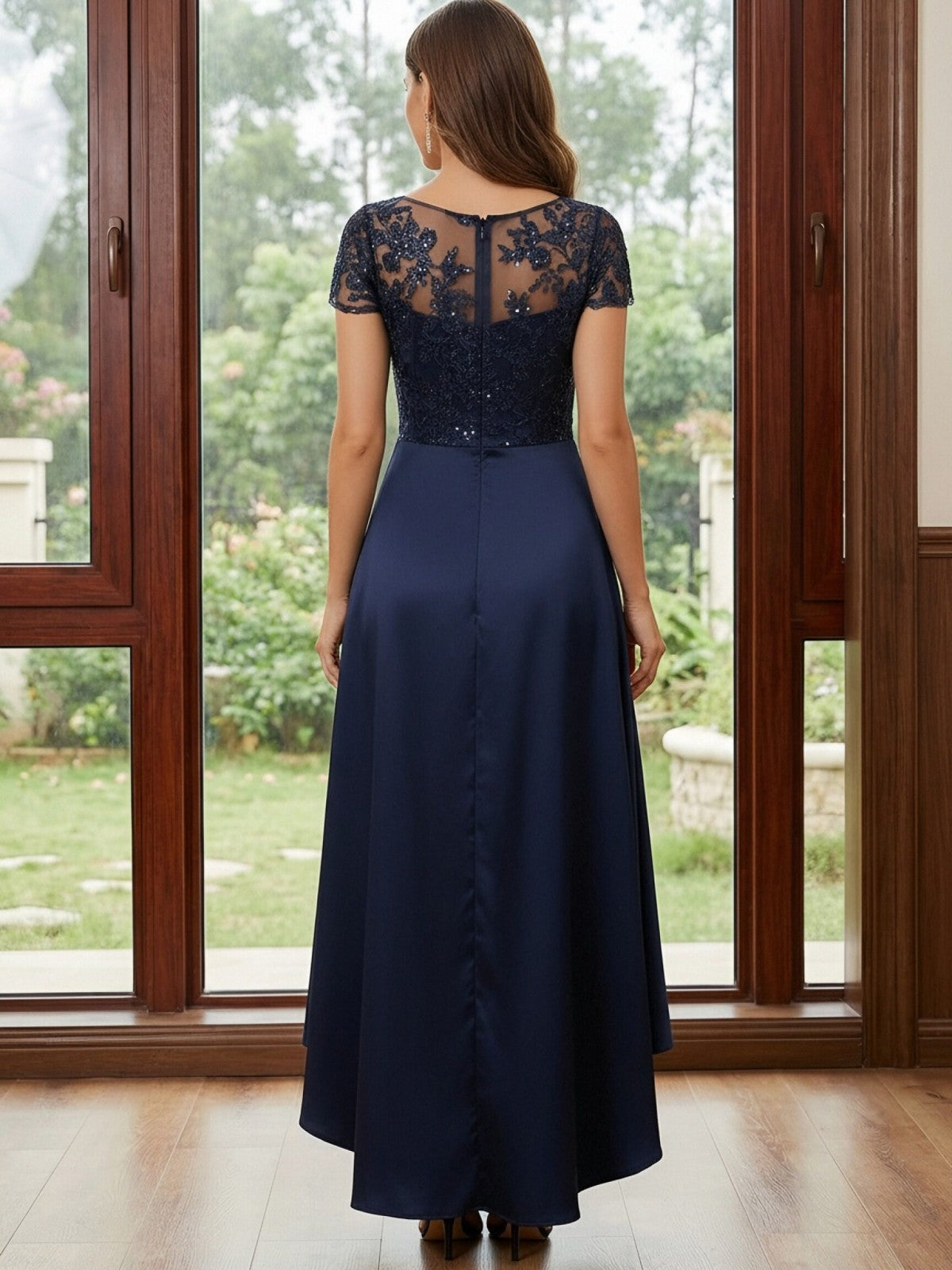 Satin Round Neck Lace Appliques High Low Mother of the Bride Dresses