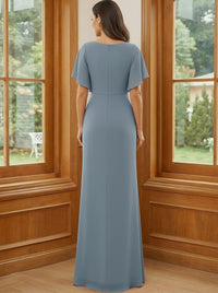 Chiffon Round Neck Pleated Lace Appliques Mother of the Bride Dresses