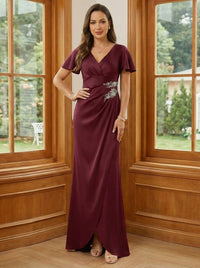 Lace Appliques Satin Pleated V Neck Mother of the Bride Dresses