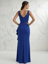 Lace Appliques Chiffon V Neck Ruffles Mother of the Bride Dresses with Slit