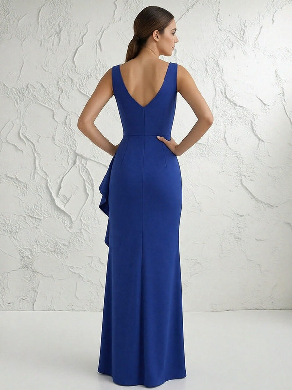 Lace Appliques Chiffon V Neck Ruffles Mother of the Bride Dresses with Slit