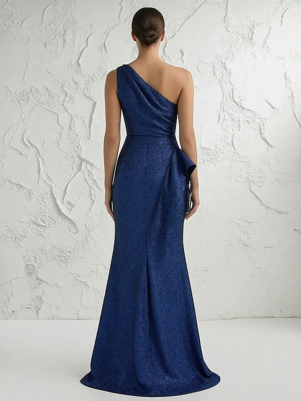 One Shoulder Satin Mermaid Ruffles Mother of the Bride Dresses with Slit