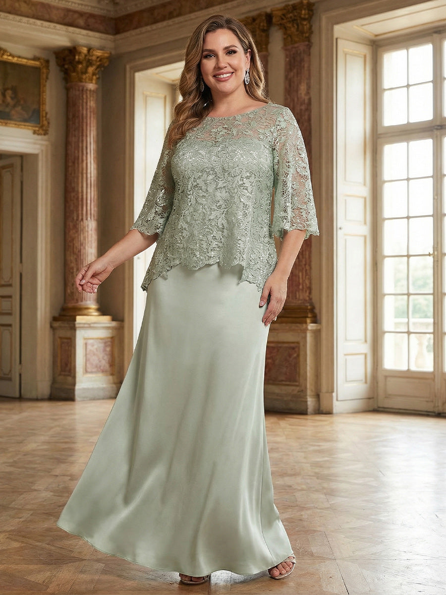 Satin Scoop Neck Lace Appliques Mother of the Bride Dresses