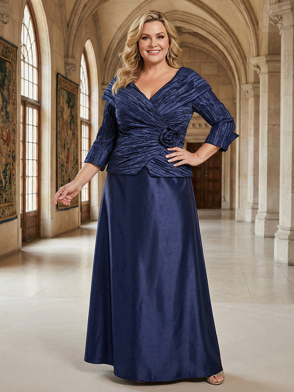 Satin V Neck Ruched 3D Flower Mother of the Bride Dresses