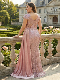 Lace Appliques Sequin V Neck Satin Pleated Mother of the Bride Dresses