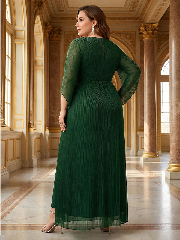 V Neck Sequin Pleated A Line High Slit Mother of the Bride Dresses with Cap